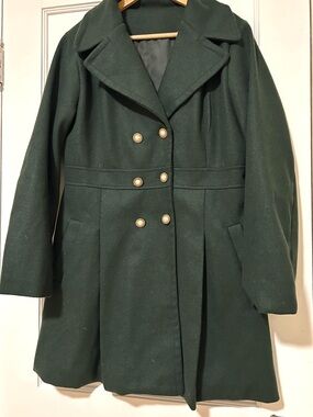 Source Unknown Dark Green Double-Breasted Pea Coat with Gold Buttons